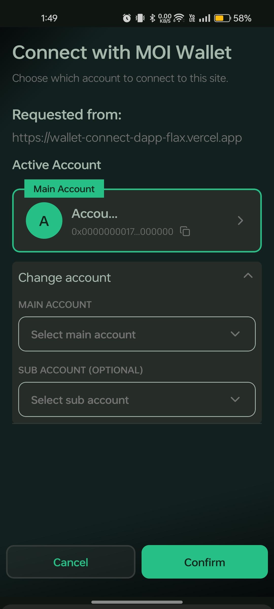 Mobile WalletConnect connection approval screen