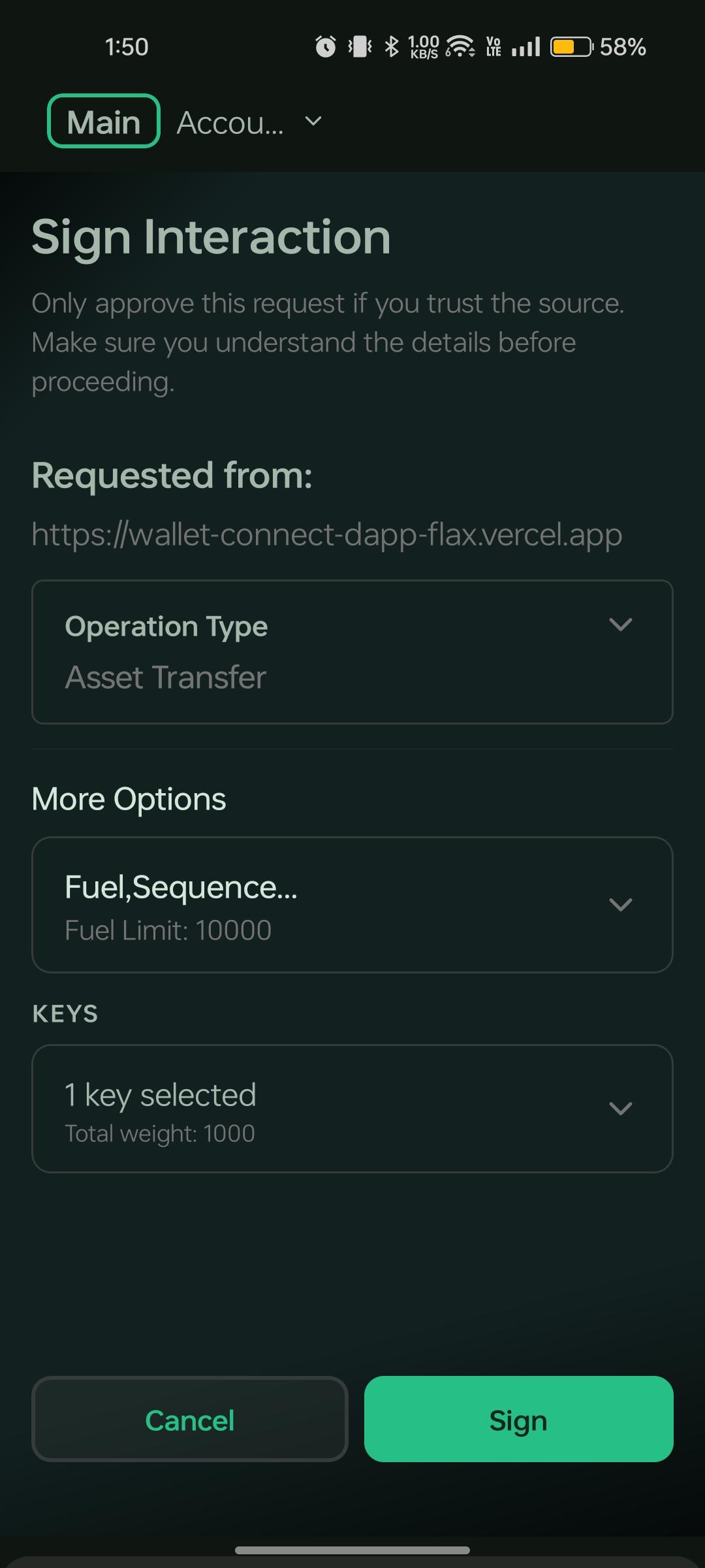 Mobile WalletConnect sign interaction approval screen