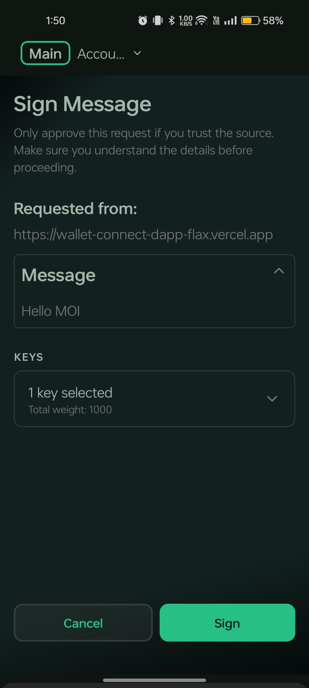 Mobile WalletConnect sign message approval screen